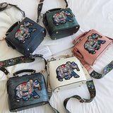 Women Bag Retro Elephant Embroidery Wide Shoulder Strap Single Shoulder Bag