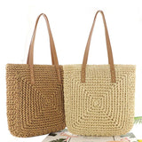 Retro Handbag Solid Summer Beach Bag Zipper Rattan Woven Straw Totes