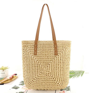 Retro Handbag Solid Summer Beach Bag Zipper Rattan Woven Straw Totes