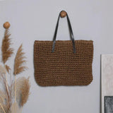 Boho Vintage Straw Tote Bag Faux Leather Zipper Closure