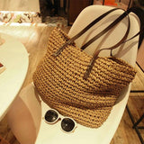 Boho Vintage Straw Tote Bag Faux Leather Zipper Closure