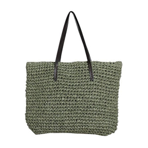Boho Vintage Straw Tote Bag Faux Leather Zipper Closure