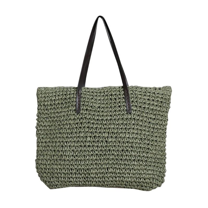 Boho Vintage Straw Tote Bag Faux Leather Zipper Closure