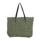 Boho Vintage Straw Tote Bag Faux Leather Zipper Closure