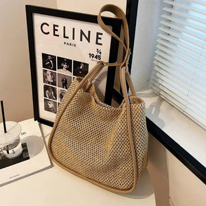 Large Capacity Straw Shoulder Bag for Women Daily Shopping with Zipper