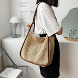 Large Capacity Straw Shoulder Bag for Women Daily Shopping with Zipper
