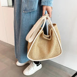Large Capacity Straw Shoulder Bag for Women Daily Shopping with Zipper