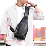 Waterproof PU Leather Chest Bag Outdoor USB Charging