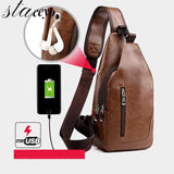 Waterproof PU Leather Chest Bag Outdoor USB Charging