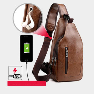 Waterproof PU Leather Chest Bag Outdoor USB Charging Bags With Headphone Hole