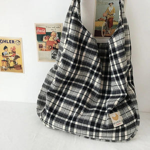 Vintage Plaid Women Shoulder Bag Large Capacity Tote Canvas Bags