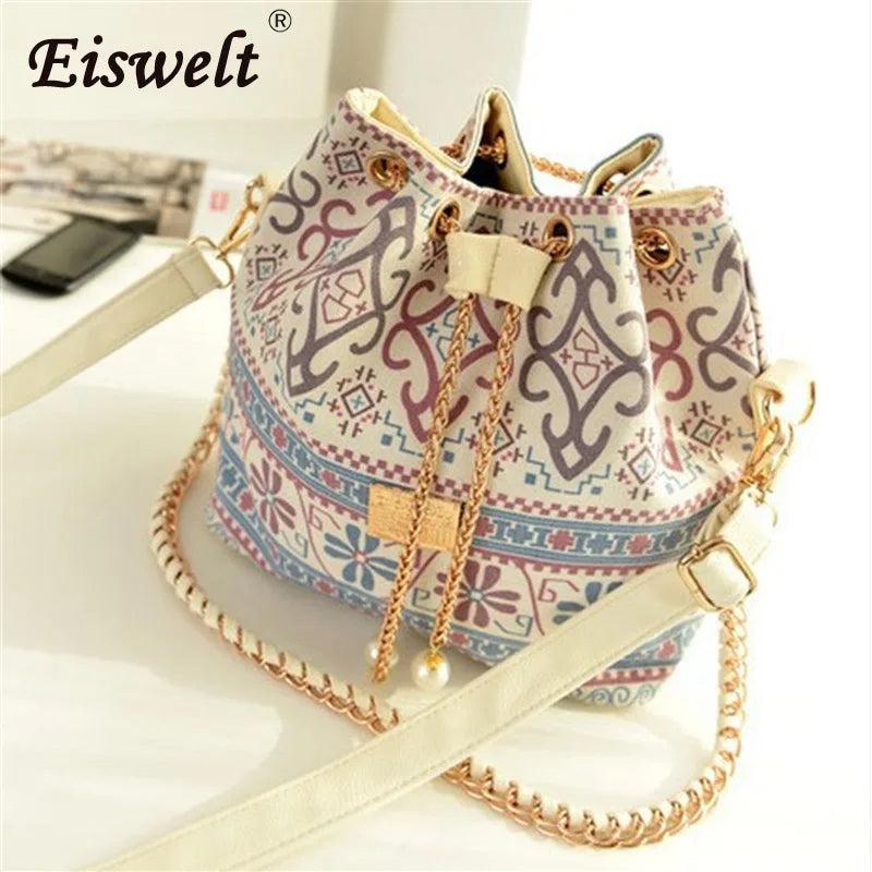 Bohemia Canvas Bucket Bag Chains Shoulder Handbags Vintage Messenger Bag