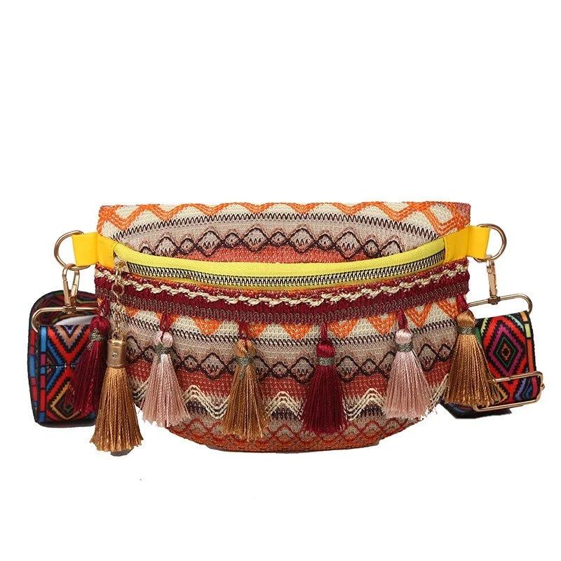 Ethnic Style Waist Bag with Adjustable Strap Fanny Pack with Fringe Decor