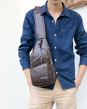 Men's PU Shoulder Bag Sling Chest Pack USB Charging Sports Crossbody Handbag