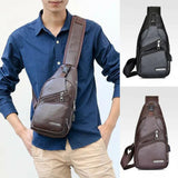 Men's PU Shoulder Bag Sling Chest Pack USB Charging Sports Crossbody Handbag