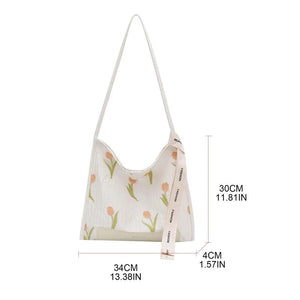 Large Tote Bag Tulip Flowers Embroidered Shoulder Handbag