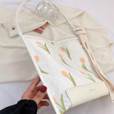 Large Tote Bag Tulip Flowers Embroidered Shoulder Handbag