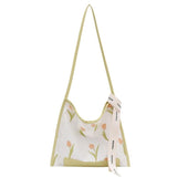 Large Tote Bag Tulip Flowers Embroidered Shoulder Handbag