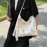 Large Tote Bag Tulip Flowers Embroidered Shoulder Handbag