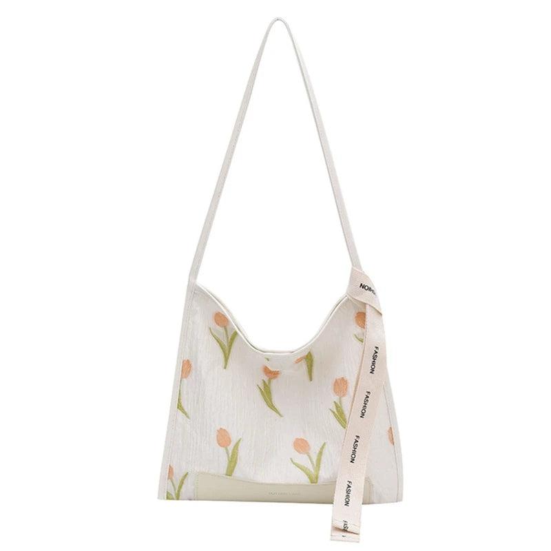 Large Tote Bag Tulip Flowers Embroidered Shoulder Handbag