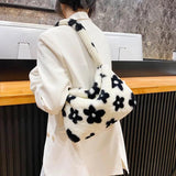 Women Flower Pattern Shoulder Bags Plush Underarm Handbag