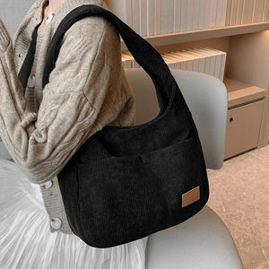 Corduroy Tote Bag for Women with Front Double Pocket Solid Girls Handbags
