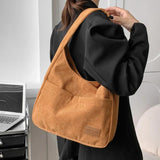Corduroy Tote Bag for Women with Front Double Pocket Solid Girls Handbags
