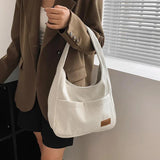 Corduroy Tote Bag for Women with Front Double Pocket Solid Girls Handbags