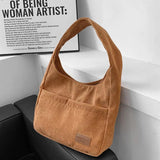 Corduroy Tote Bag for Women with Front Double Pocket Solid Girls Handbags