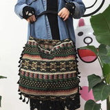 Vintage Ethnic Style Shoulder Bag Tassel Cotton Linen Inner Pocket Womens Bag