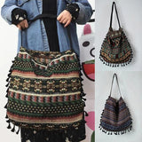Vintage Ethnic Style Shoulder Bag Tassel Cotton Linen Inner Pocket Womens Bag