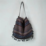 Vintage Ethnic Style Shoulder Bag Tassel Cotton Linen Inner Pocket Womens Bag