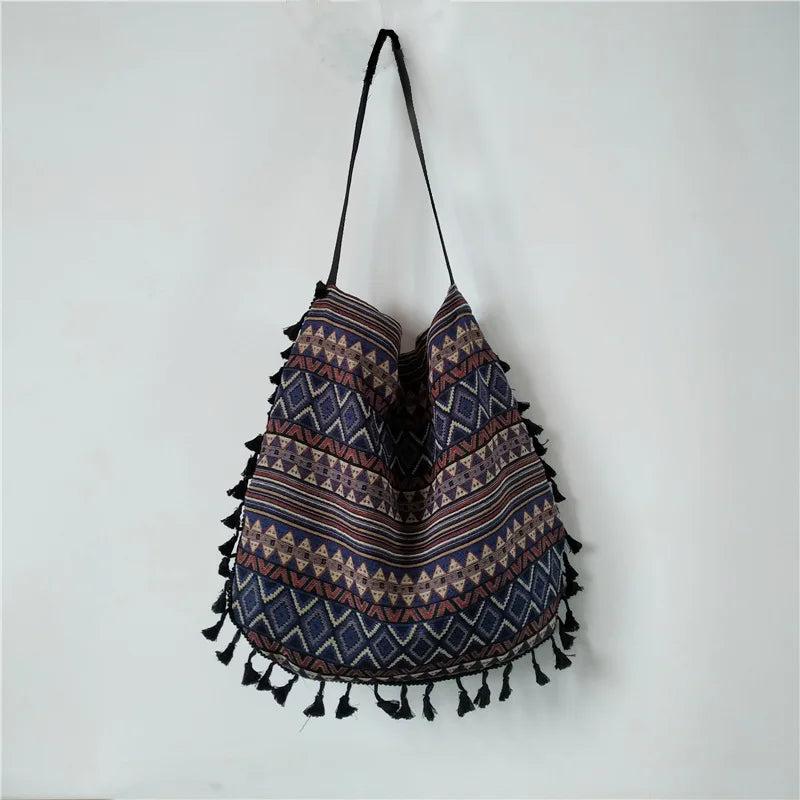 Vintage Ethnic Style Shoulder Bag Tassel Cotton Linen Inner Pocket Womens Bag
