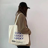 Casual Canvas Tote Bag with Letter LUCKY, Shoulder Bags, Girls Bag