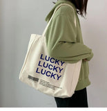 Women Bag Letter LUCKY Canvas Tote Bag High-Capacity Shoulder Bags