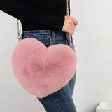 Heart Shaped Faux Fur Chain Shoulder Bag for Women Winter