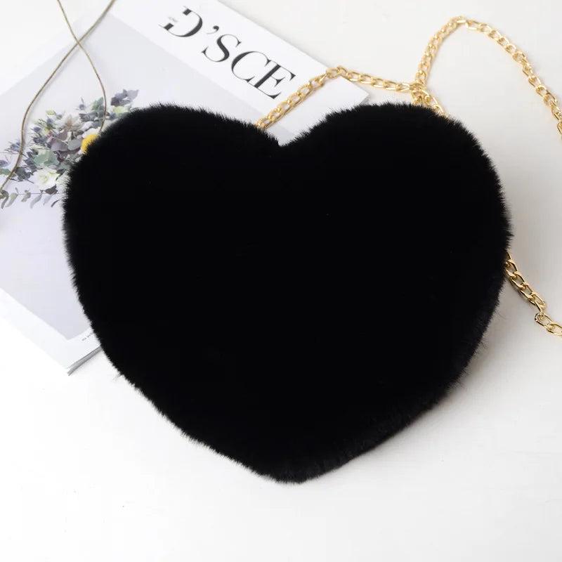 Heart Shaped Faux Fur Chain Shoulder Bag for Women Winter