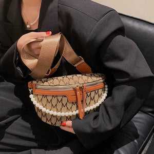 Faux Pearl Chain Waist Bag Canvas Fanny Pack for Women Shoulder Crossbody