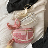 Faux Pearl Chain Waist Bag Canvas Fanny Pack for Women Shoulder Crossbody