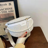 Faux Pearl Chain Waist Bag Canvas Fanny Pack for Women Shoulder Crossbody