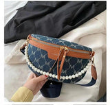 Faux Pearl Chain Waist Bag Canvas Fanny Pack for Women Shoulder Crossbody
