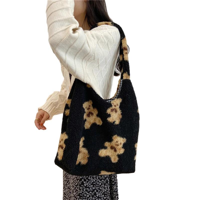 Plush Shoulder Bag Warm Cloth Handbag Soft Canvas Tote Large Capacity