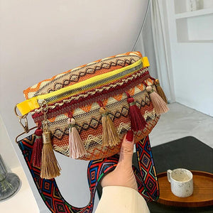Ethnic Waist Bag Adjustable Strap Fanny Pack with Fringe