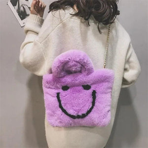 Winter Ladies Shoulder Bag Smiley Face Chain Plush Handbag