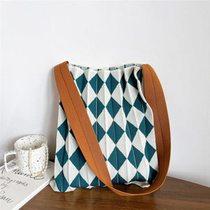 Women's Plaid Shoulder Handbag Spring Autumn Summer Knitting Pleated Bag