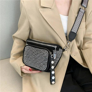 Women Leather Diamond Shoulder Bag Wide Strap Chest Bag Rhinestones Waist Pack