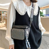 Women Leather Diamond Shoulder Bag Wide Strap Chest Bag Rhinestones Waist Pack