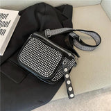 Women Leather Diamond Shoulder Bag Wide Strap Chest Bag Rhinestones Waist Pack