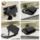 Women Leather Diamond Shoulder Bag Wide Strap Chest Bag Rhinestones Waist Pack