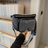 Women Leather Diamond Shoulder Bag Wide Strap Chest Bag Rhinestones Waist Pack